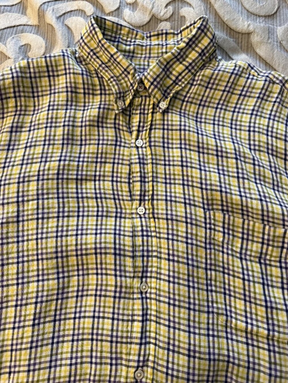 J. McLaughlin Linen Plaid Long Sleeve Button Down Shirt Size XL Yellow Blue